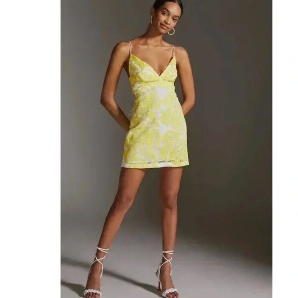 NWT Anthropologie | Maeve | Yellow Strappy Lace V-Neck Mini Dress, 12P